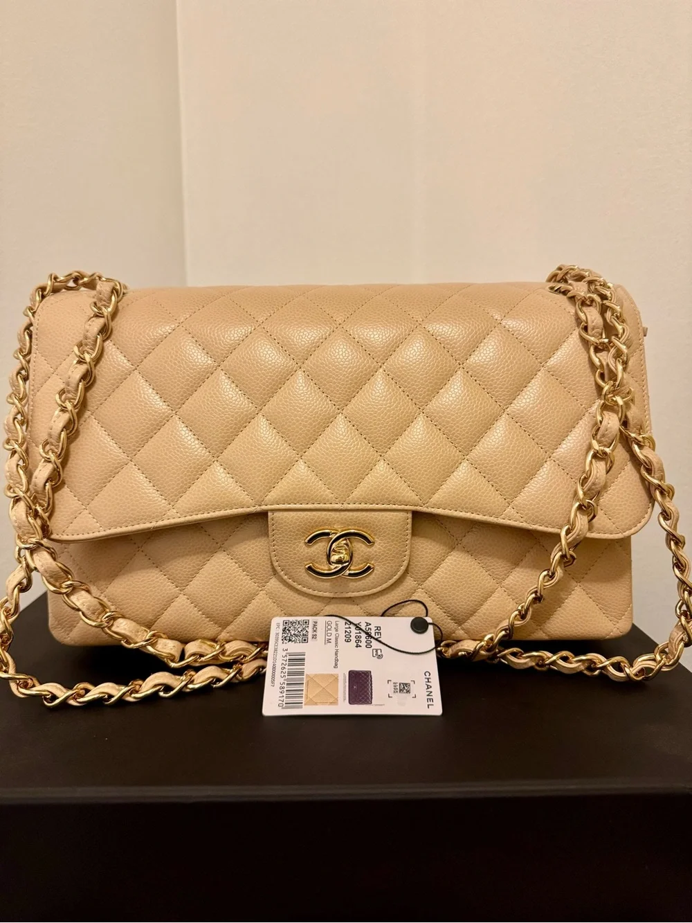 CHANEL JUMBO Beige Quilted Flap Shoulder Bag with Gold Chain